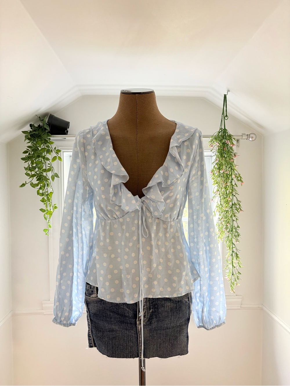 H&M Light Blue Polka Dot Ruffle Tie-Front Blouse